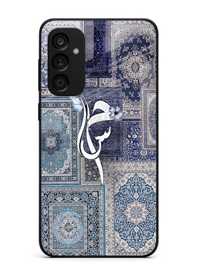 Indigo calligraphy artwork printed on tempered glass Samsung M13 4G back cover
