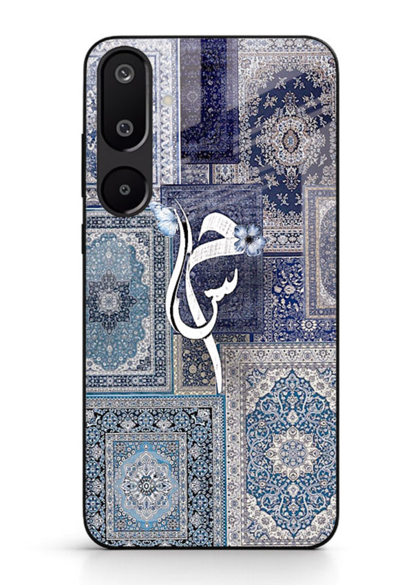 Indigo calligraphy artwork printed on tempered glass Samsung F16 5G back cover