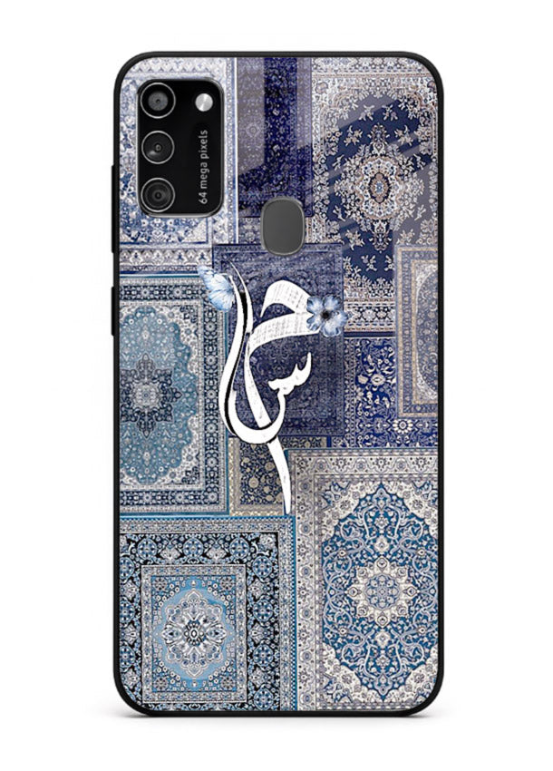 Indigo calligraphy artwork printed on tempered glass Samsung M30s back cover
