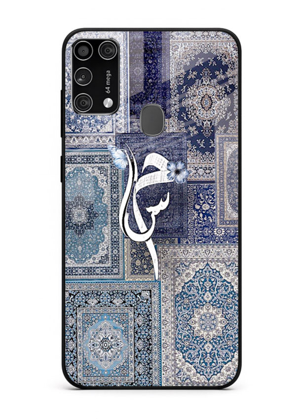 Indigo calligraphy artwork printed on tempered glass Samsung M31 Prime back cover