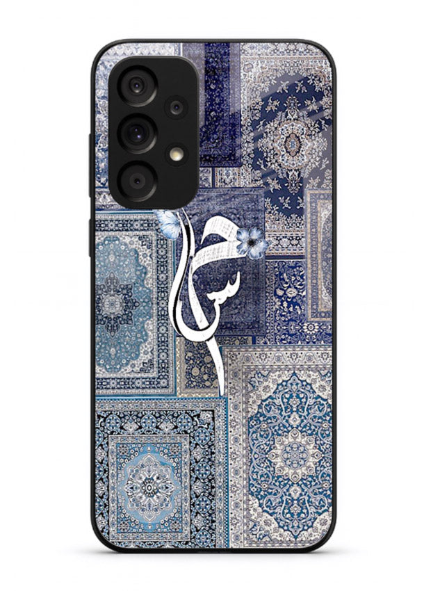 Indigo calligraphy artwork printed on tempered glass Samsung A53 5G back cover