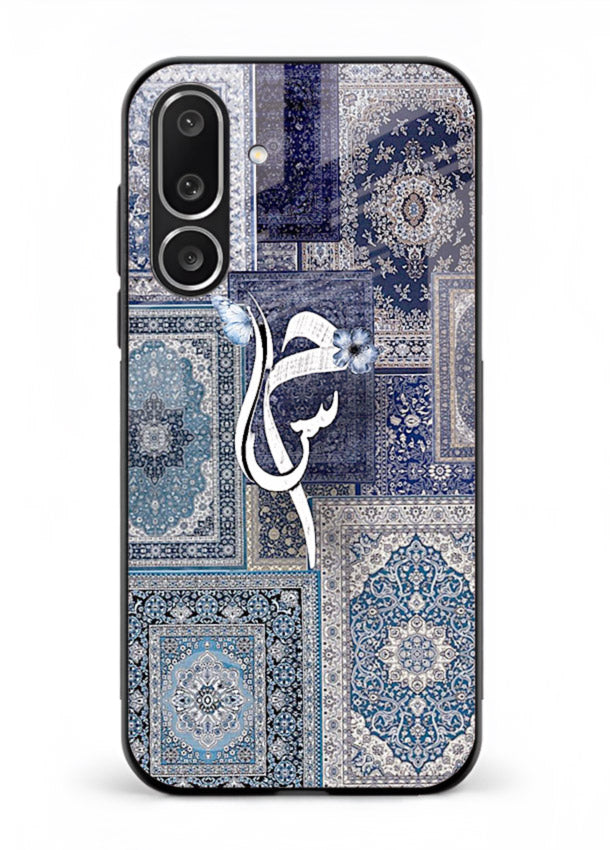Indigo calligraphy artwork printed on tempered glass Samsung F56 5G back cover
