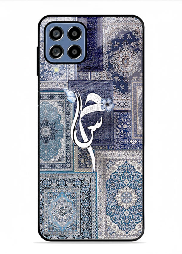 Indigo calligraphy artwork printed on tempered glass Samsung M33 5G back cover