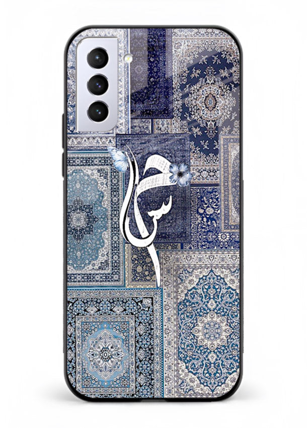 Indigo calligraphy artwork printed on tempered glass Samsung S21 Plus back cover