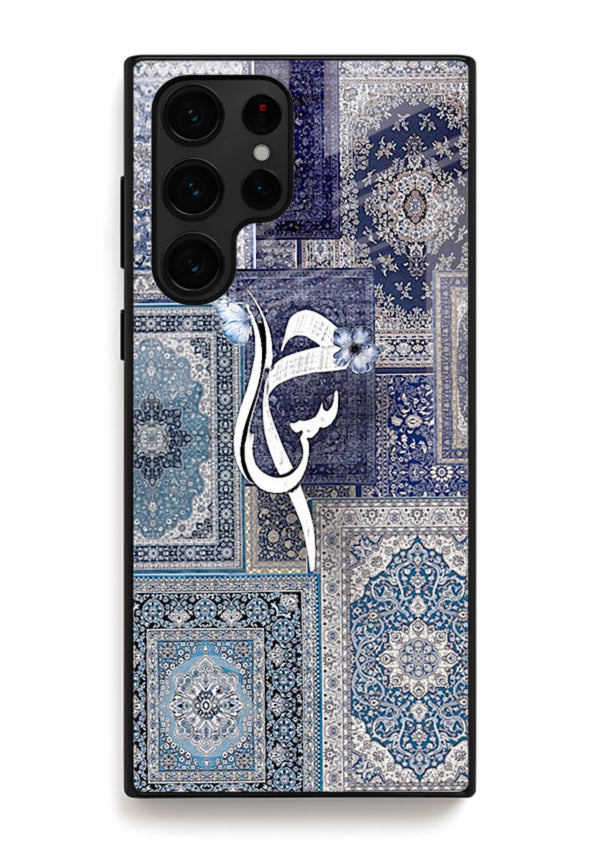 Indigo calligraphy artwork printed on tempered glass Samsung S22 Ultra back cover