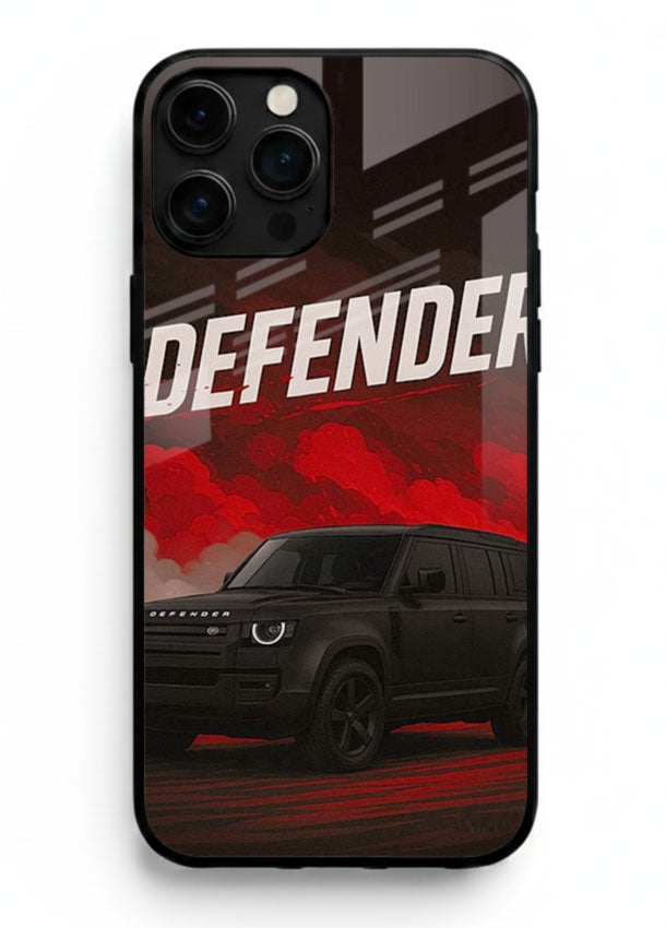 Land Rover Defender in dark smoky background with rugged SUV styling for iPhone 16 Pro Max
