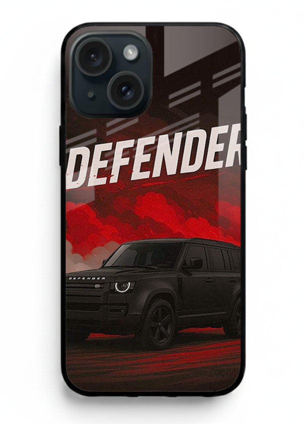 Land Rover Defender in dark smoky background with rugged SUV styling for iPhone 15 Plus
