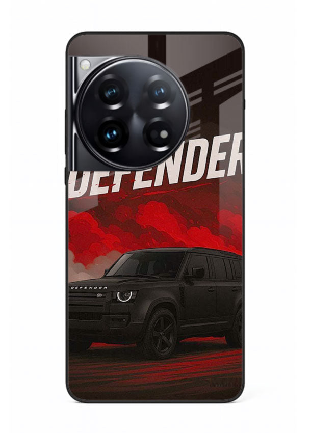 Land Rover Defender in dark smoky background with rugged SUV styling for OnePlus 12