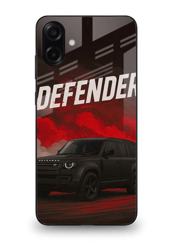 Land Rover Defender in dark smoky background with rugged SUV styling for Samsung M13 5G