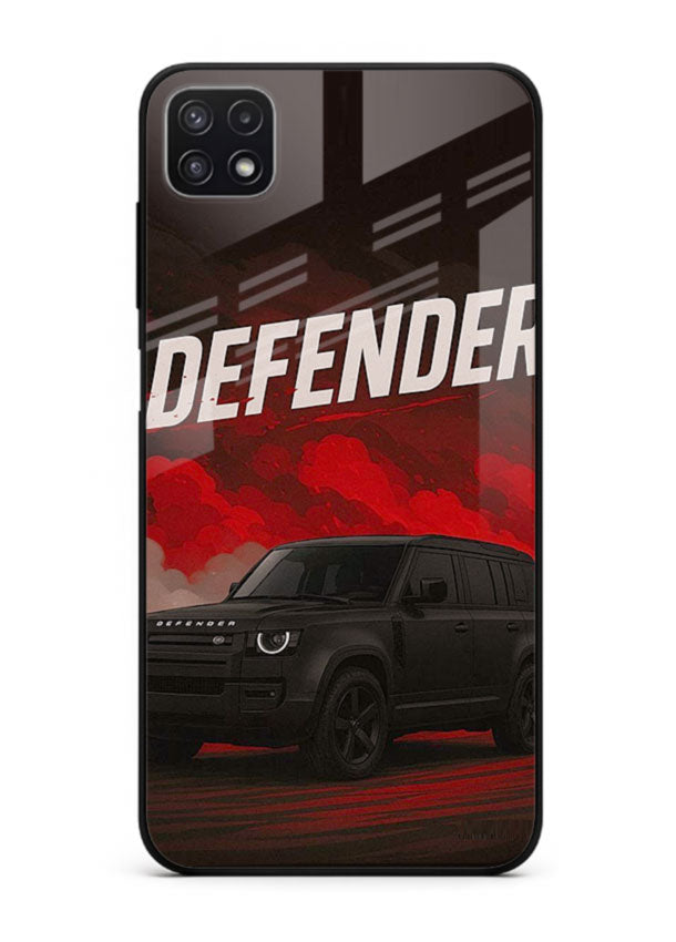 Land Rover Defender in dark smoky background with rugged SUV styling for Samsung F42 5G