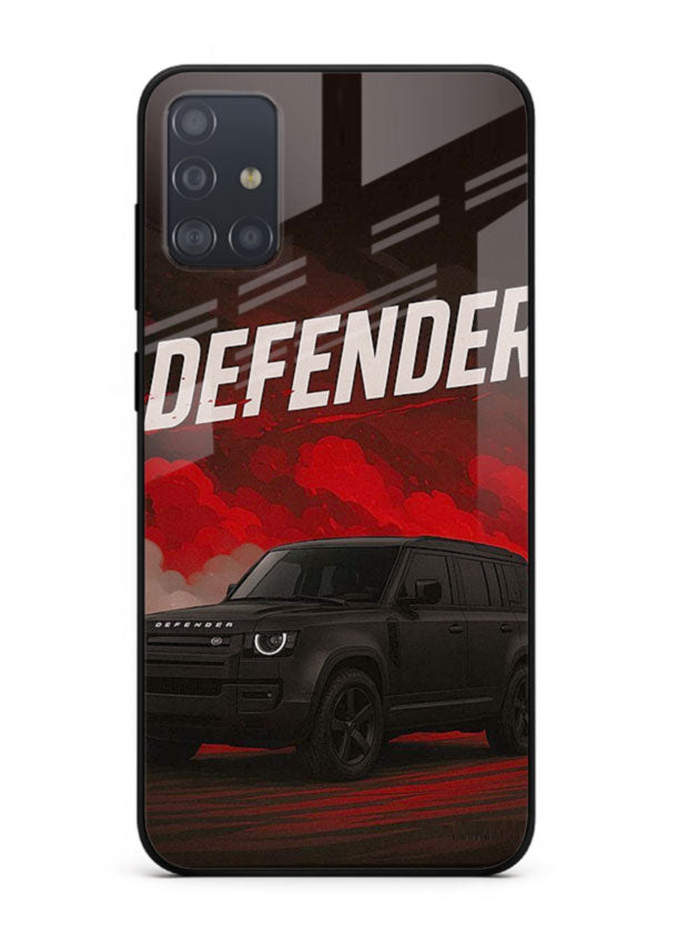 Land Rover Defender in dark smoky background with rugged SUV styling for Samsung A71