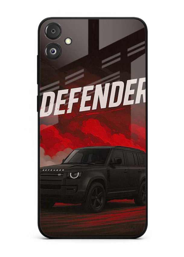 Land Rover Defender in dark smoky background with rugged SUV styling for Samsung F14 5G