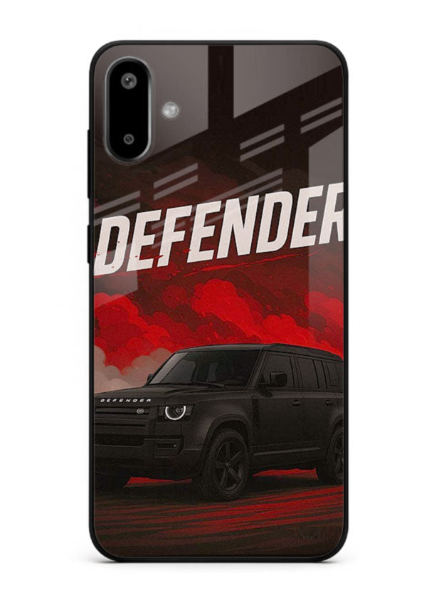 Land Rover Defender in dark smoky background with rugged SUV styling for Samsung F06 5G