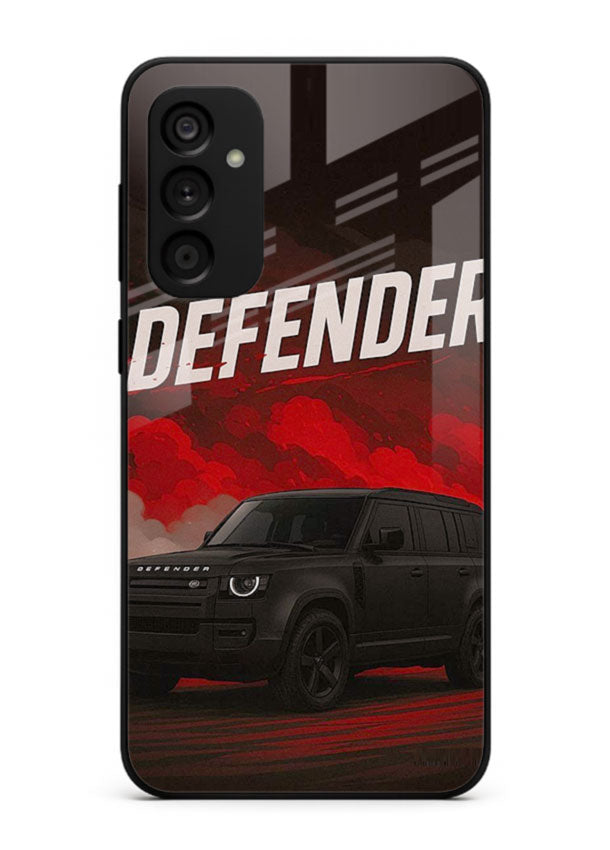 Land Rover Defender in dark smoky background with rugged SUV styling for Samsung M15 5G