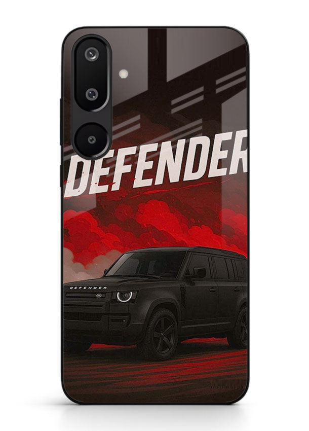 Land Rover Defender in dark smoky background with rugged SUV styling for Samsung M16 5G