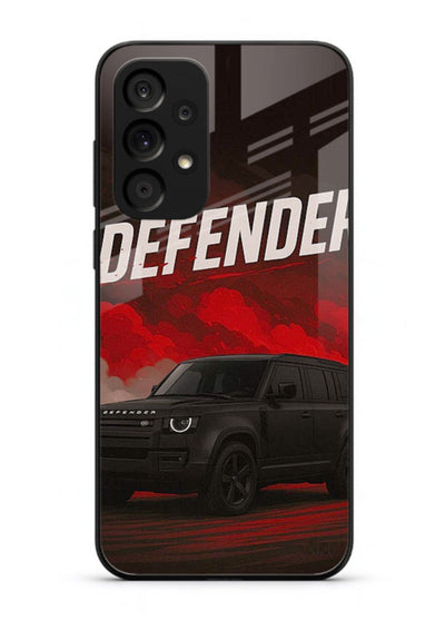 Land Rover Defender in dark smoky background with rugged SUV styling for Samsung M32 5G
