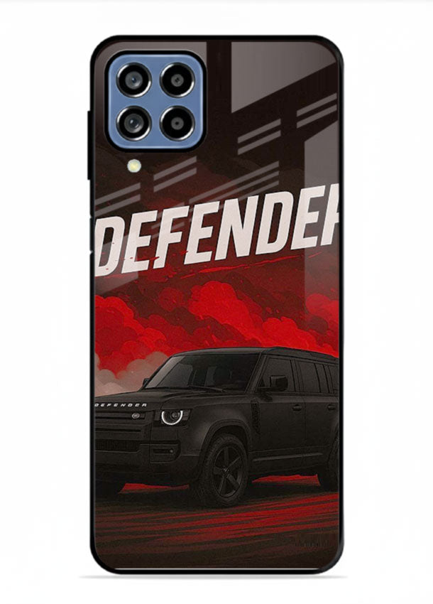 Land Rover Defender in dark smoky background with rugged SUV styling for Samsung M53 5G