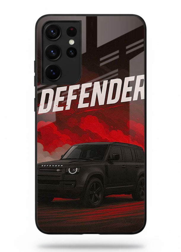 Land Rover Defender in dark smoky background with rugged SUV styling for Samsung S21 Ultra