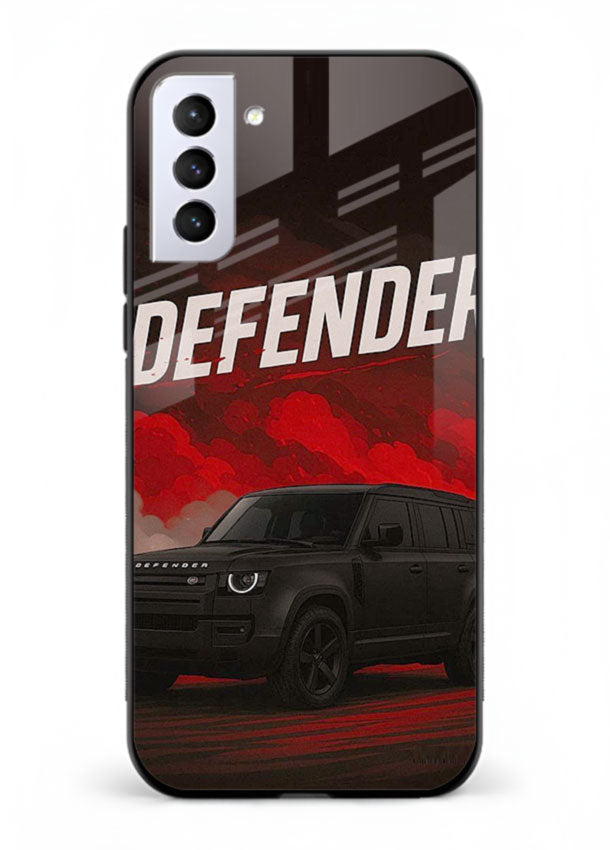 Land Rover Defender in dark smoky background with rugged SUV styling for Samsung S22