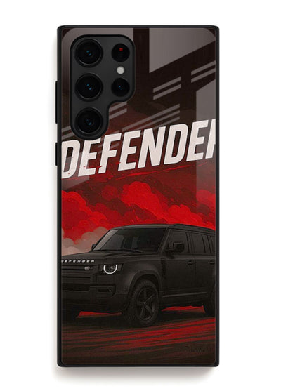 Land Rover Defender in dark smoky background with rugged SUV styling for Samsung S25 Ultra