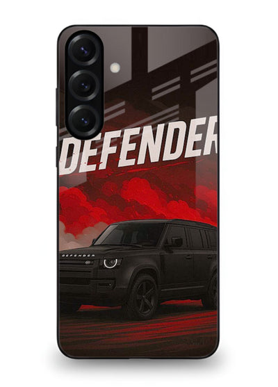 Land Rover Defender in dark smoky background with rugged SUV styling for Samsung S25