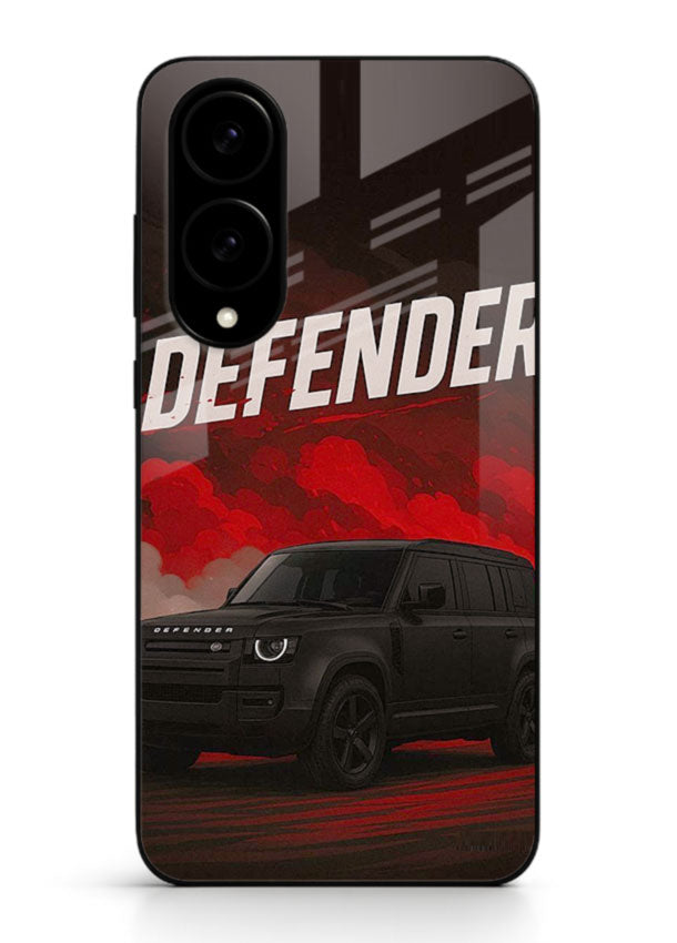 Land Rover Defender in dark smoky background with rugged SUV styling for Samsung S25 Edge