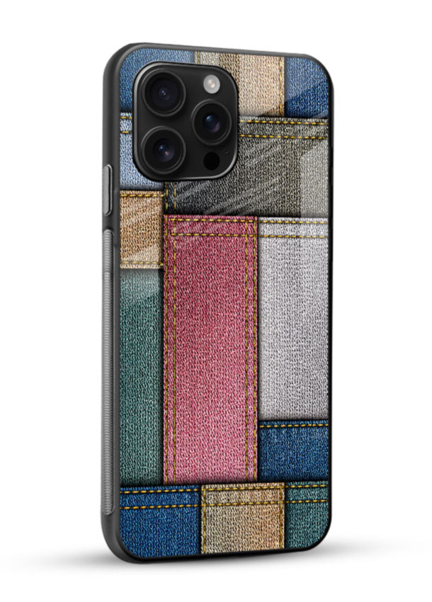Denim Patchwork glass back cover with stitched fabric texture design - 2