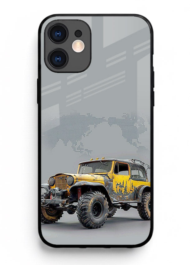 Yellow offroad vehicle on minimal world map background for iPhone 12 Mini Back Cover