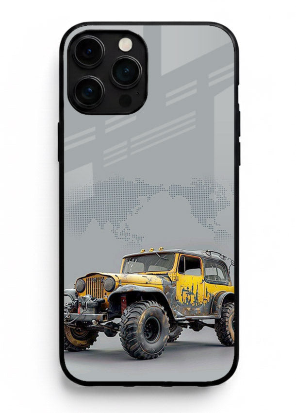 Yellow offroad vehicle on minimal world map background for iPhone 12 Pro Max Back Cover
