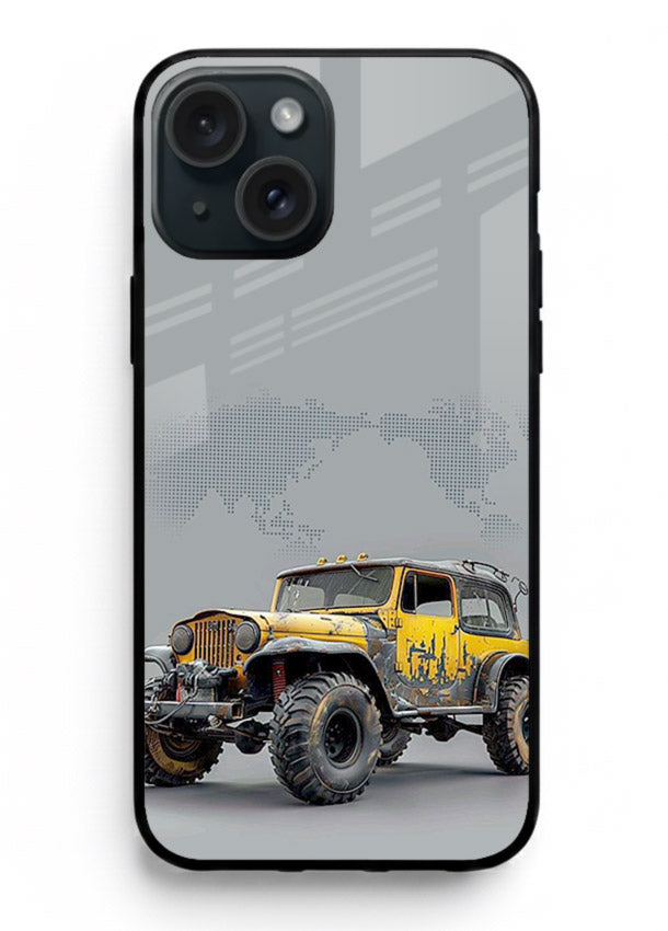 Yellow offroad vehicle on minimal world map background for iPhone 13 Mini Back Cover
