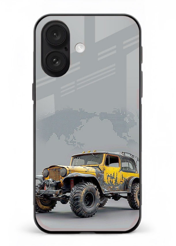 Yellow offroad vehicle on minimal world map background for iPhone 18 Back Cover