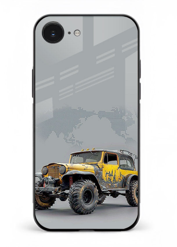 Yellow offroad vehicle on minimal world map background for iPhone 16E Back Cover