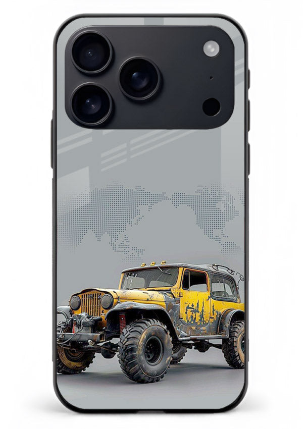 Yellow offroad vehicle on minimal world map background for iPhone 18 Pro Max Back Cover