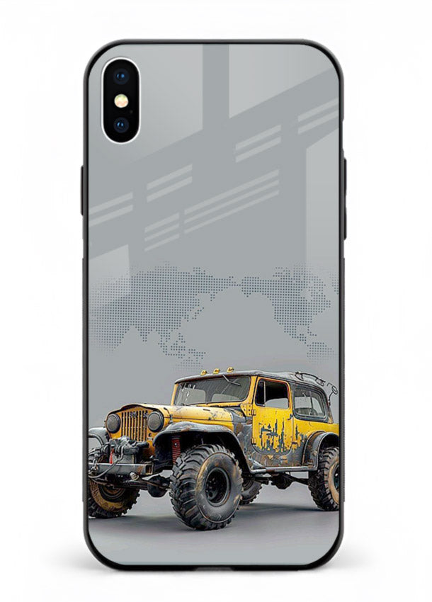 Yellow offroad vehicle on minimal world map background for iPhone XS Max Back Cover