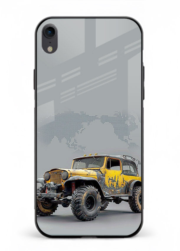 Yellow offroad vehicle on minimal world map background for iPhone XR Back Cover
