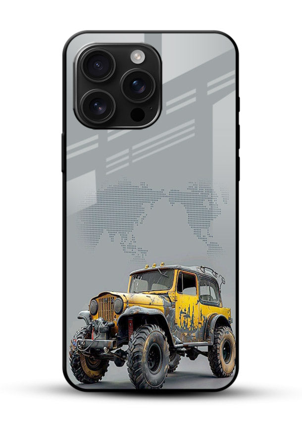 Yellow offroad vehicle on minimal world map background - 1