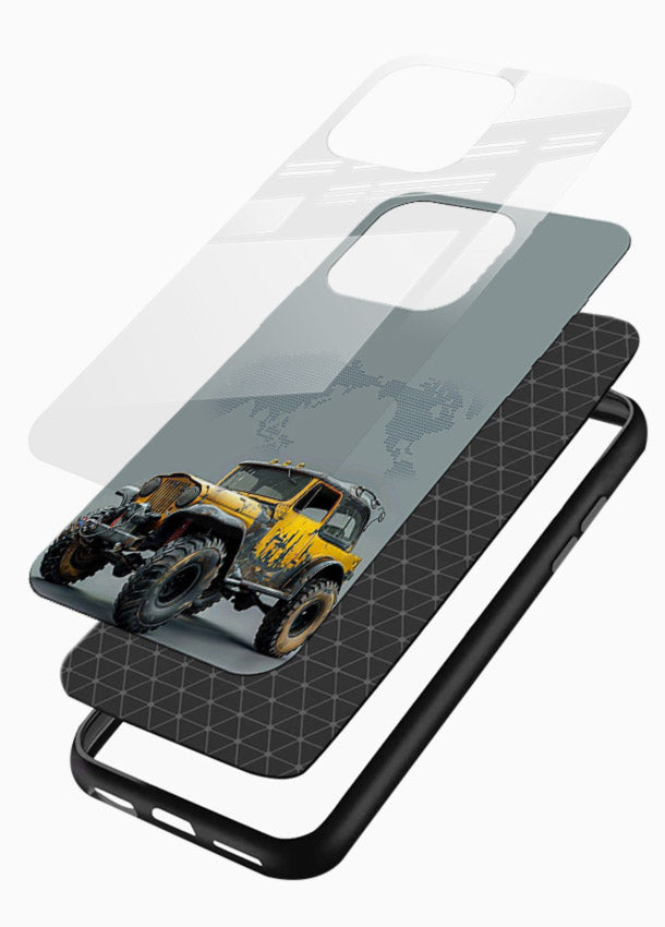 Yellow offroad vehicle on minimal world map background - 3