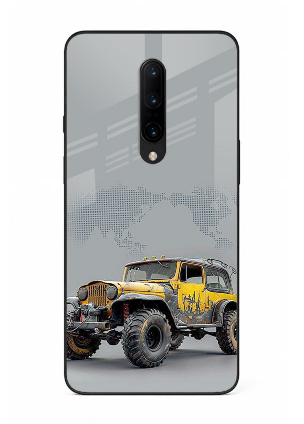 Yellow offroad vehicle on minimal world map background for OnePlus 7 Pro Back Cover
