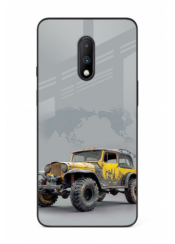 Yellow offroad vehicle on minimal world map background for OnePlus 7 Back Cover