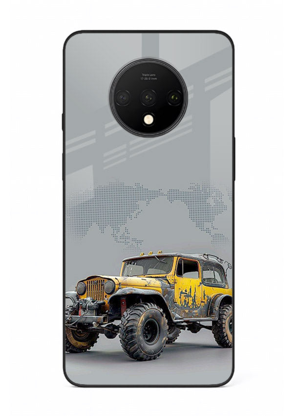 Yellow offroad vehicle on minimal world map background for OnePlus 7T Back Cover