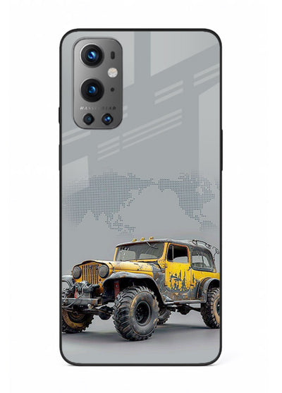 Yellow offroad vehicle on minimal world map background for OnePlus 9 Back Cover