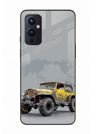 Yellow offroad vehicle on minimal world map background for OnePlus 9 Pro Back Cover