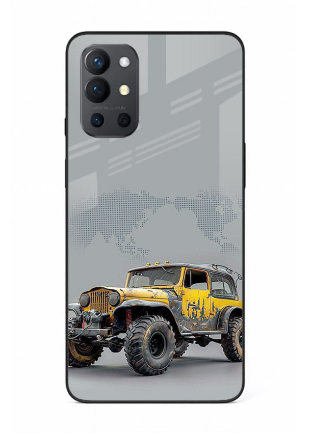 Yellow offroad vehicle on minimal world map background for OnePlus 9R Back Cover