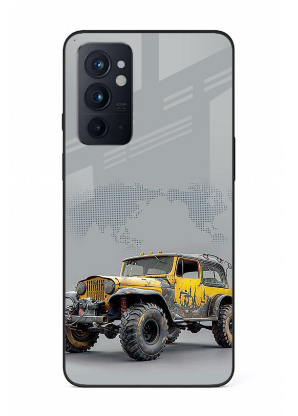 Yellow offroad vehicle on minimal world map background for OnePlus 9RT Back Cover