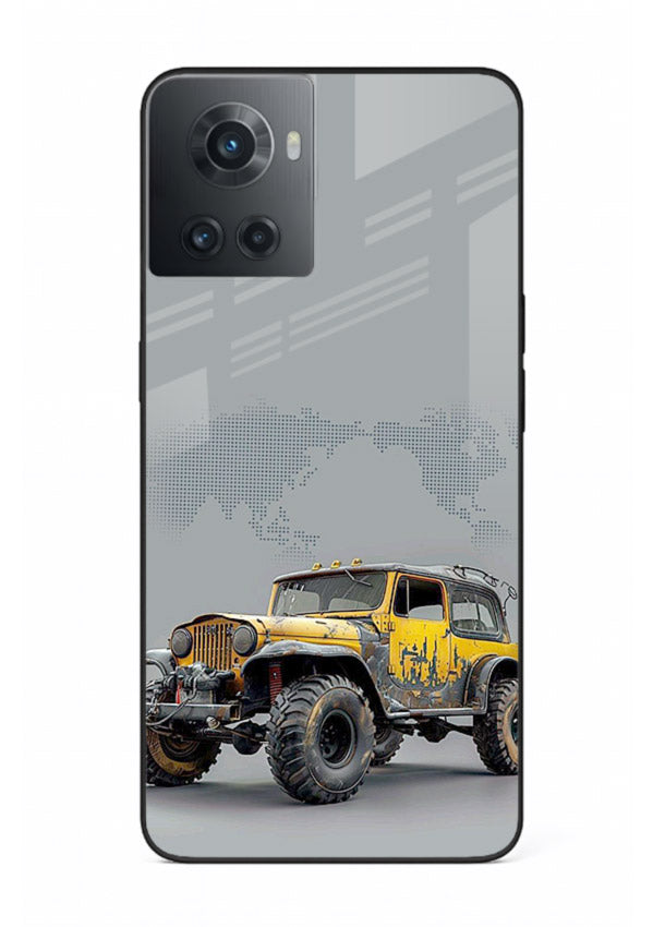 Yellow offroad vehicle on minimal world map background for OnePlus 10R Back Cover