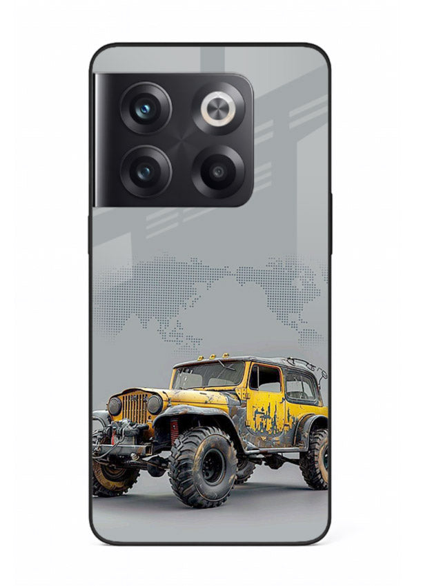 Yellow offroad vehicle on minimal world map background for OnePlus 10T Back Cover