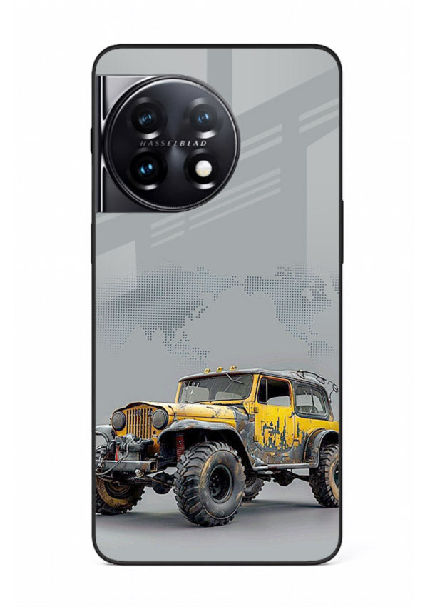 Yellow offroad vehicle on minimal world map background for OnePlus 11 Back Cover