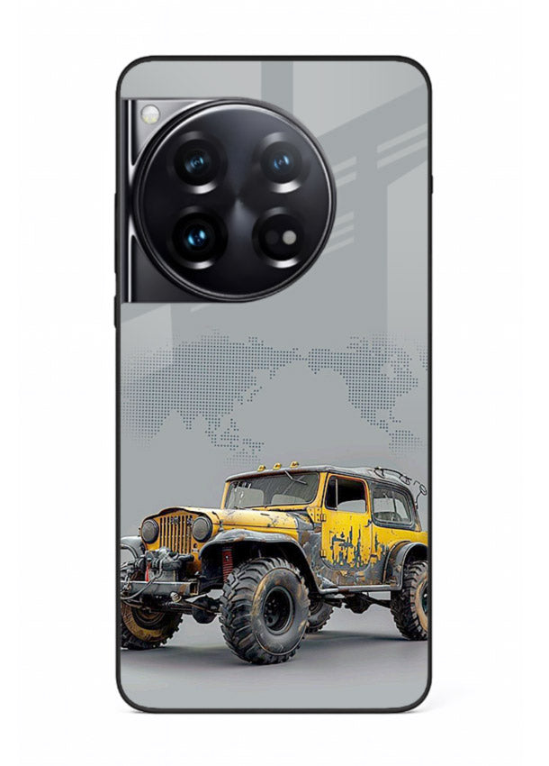 Yellow offroad vehicle on minimal world map background for OnePlus 12 Back Cover