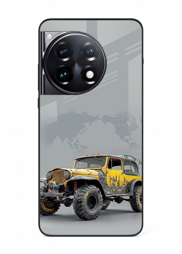 Yellow offroad vehicle on minimal world map background for OnePlus 12R Back Cover