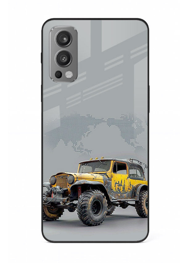 Yellow offroad vehicle on minimal world map background for OnePlus Nord 2 Back Cover